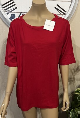 Croft & Barrow Women s Solid Red Short Sleeve Shirt Button Shoulder XXL NWT
