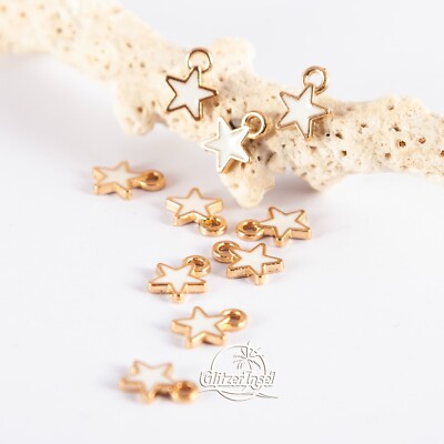 10x Schmuck Anhänger Stern Sternchen Emaille Weiß Gold SET GlitzerInsel 00975c