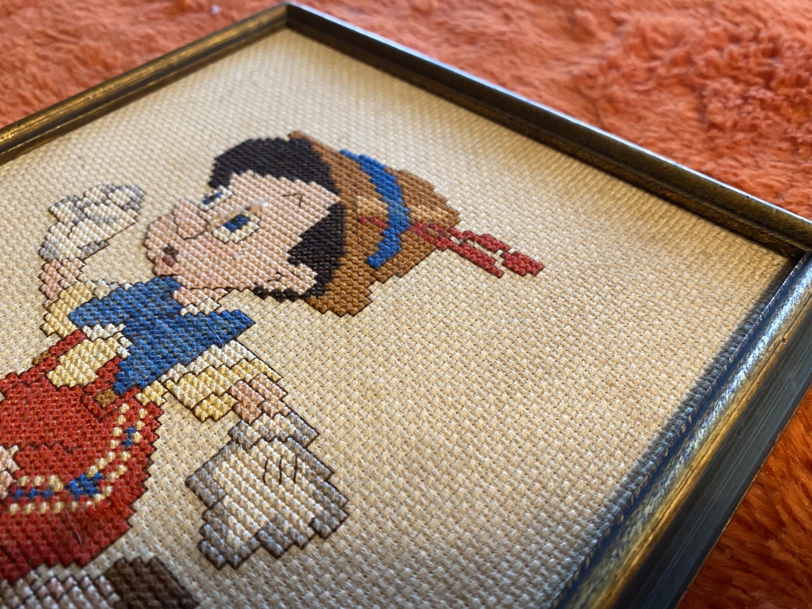 Vintage Disney Pinocchio and Jiminy Cricket Running Framed Cross Stitch