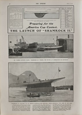 1901 PRINT LAUNCH OF SHAMROCK II SIR THOMAS LIPTONS YACHT AMERICA CUP CONTEST 