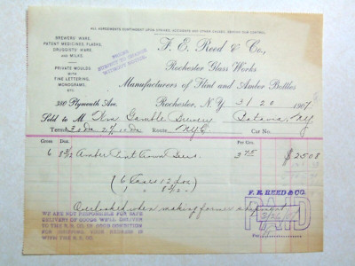 F E Reed & Co Rochester Glass Works bottles NY 1907 Vintage Letterhead MBB155