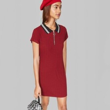 Women's Short Sleeve Quarter-Zip Collared Rib Knit Dress - Wild Fable Burgundy M