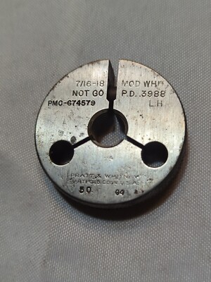 Pratt & Whitney 7/16-18 L.H. Left Hand Ring Thread Gage Not Go .3988 Whit (Rg4)