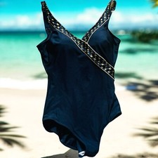 Vtg Roxanne Black Gold Diamonds One Piece Plunge Bathing Swim Suit 14 Bra 36D