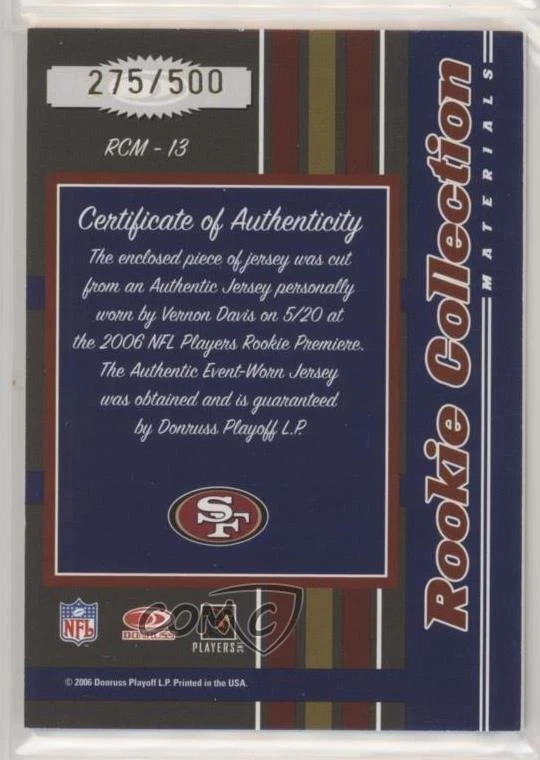 2006 Donruss Threads Rookie Collection Materials /500 Vernon Davis #RCM-13 RC - Image 2 of 2