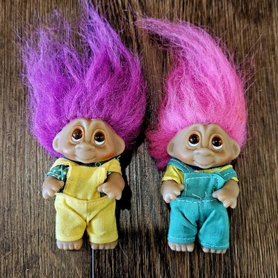 Lot Of 2 Vintage 1985 Dam Norfin Troll Dolls Wearing Overalls Pink & Purple Hair