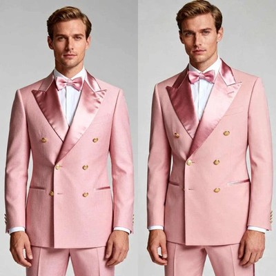 Solid Pink Color Jacket Pant for Men Double Breasted Wedding Suits Slim Fit