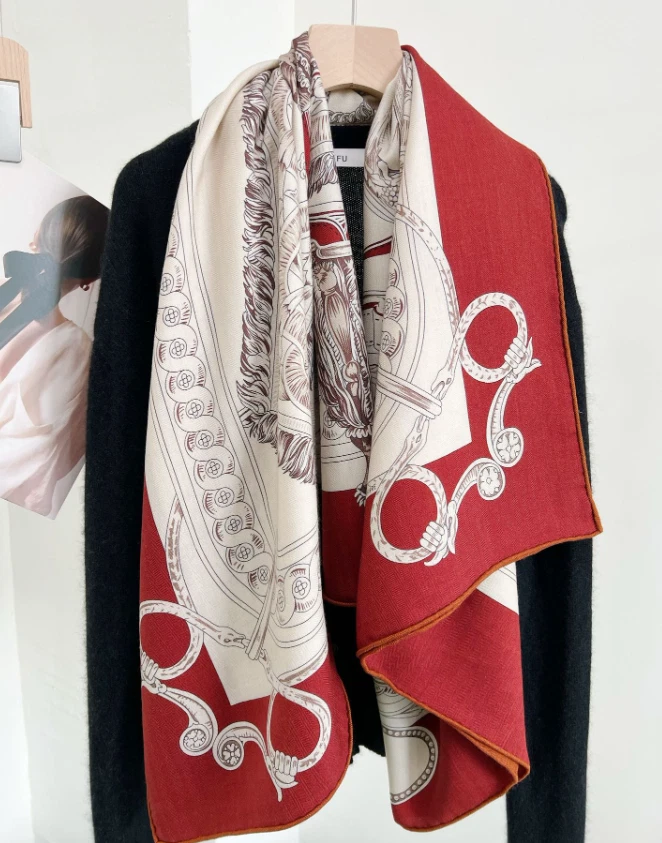 70% Cashmere 30% Silk Scarf Neckerchief saddle Print 53'' Shawl Bandana Wrap new