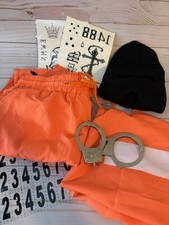 Prisoner Orange Outfit Halloween Costume Handcuffs Men Mask Stickers Pre-owned