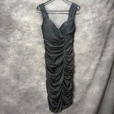 Y2K Cache Black Silk Satin Ruched Bodycon Midi Cocktail Dress Size 10 Sexy Glam