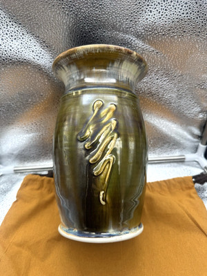 Studio Art Ceramic Stoneware Vase Stamped KA Vintage Green Blue Gloss Drip Glaze