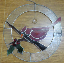 LARGE HANDMADE ROUND GLASS-STAINED GLASS SUNCATCHER CARDINAL 10" SIGNED