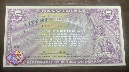2006 NORFED Liberty Dollar $20 Silver Base Note Dated May 25 2006 N056280