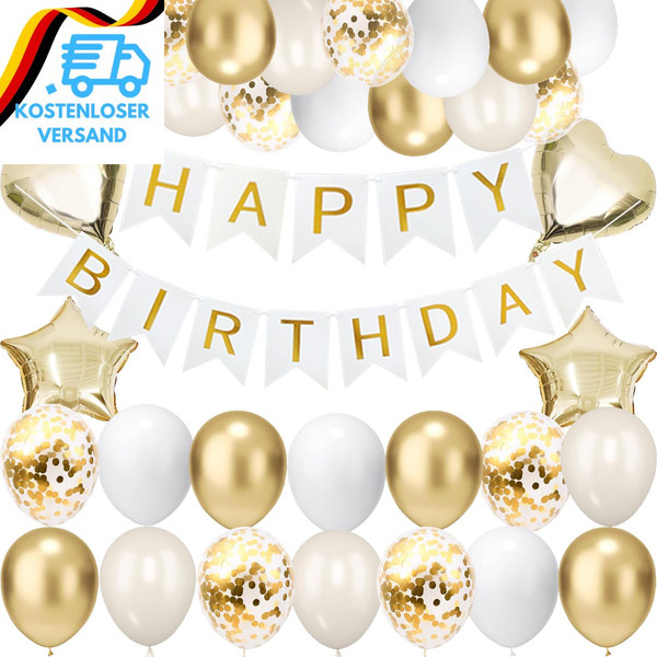 Geburtstagsdeko Gold, Sand Weiß Party Deko Happy Birthday Banner Konfetti Luftba-image
