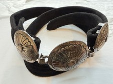 Triple Concho Clap Sterling Buckle Suede Black Leather Belt Signed EB 1 X 33