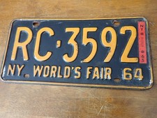 Vintage 1964 New York World's Fair License Plate RC 3592 with 1965 Sticker