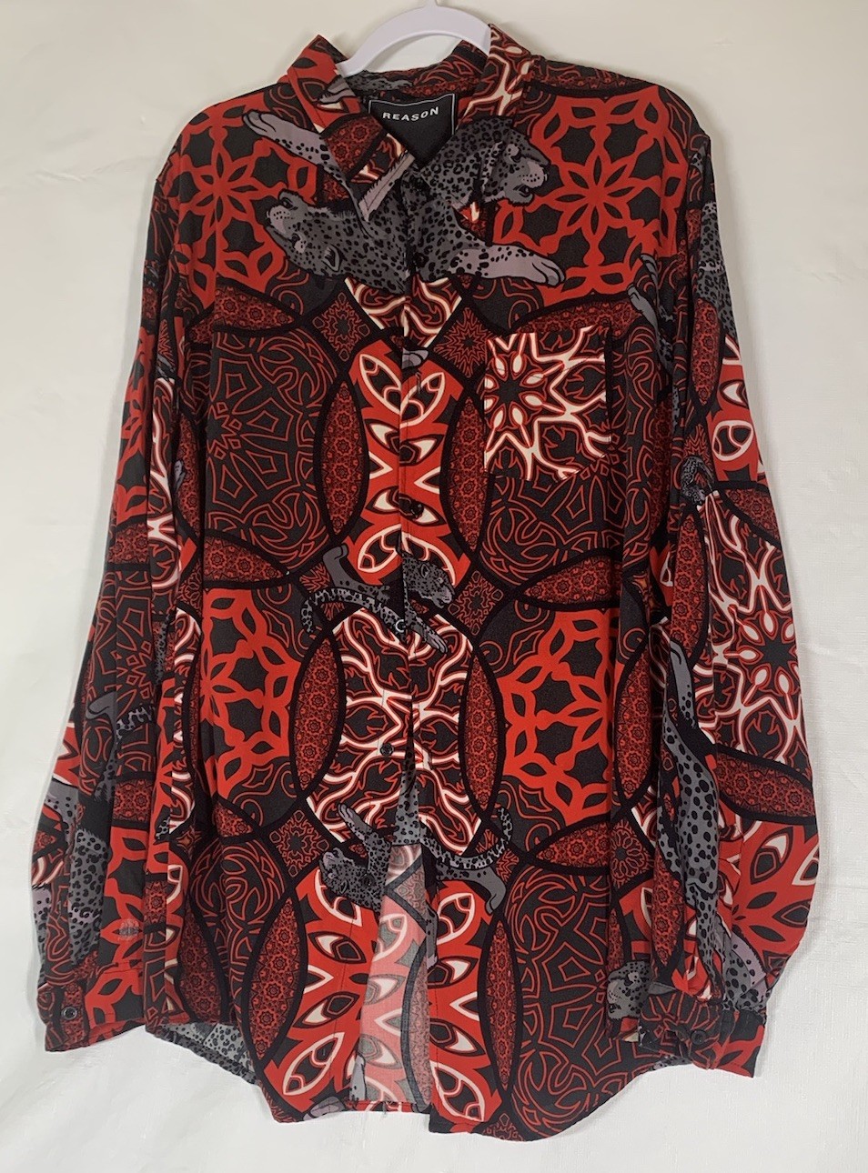 Mens Reason Jaguar Floral Jungle Long Sleeve Dress Shirt Red Size 3XL