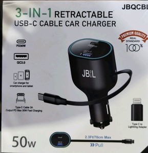 Retractable Car Charger 3 in 1 FAST Car Phone Charger 50 W USB Type C Cable JBL