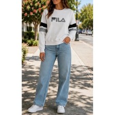 Fila Womens White Crewneck Sweatshirt Embroidered Logo Stripe Sleeve Medium