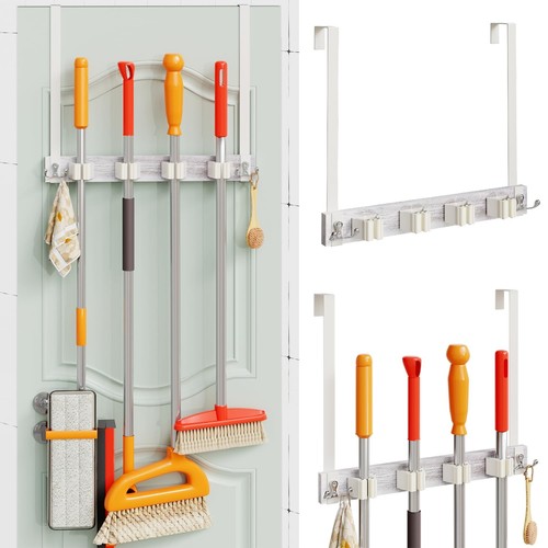 Broom Holder Over the Door, Wood Broom and Mop Rack, Over the Door Broom Hold...