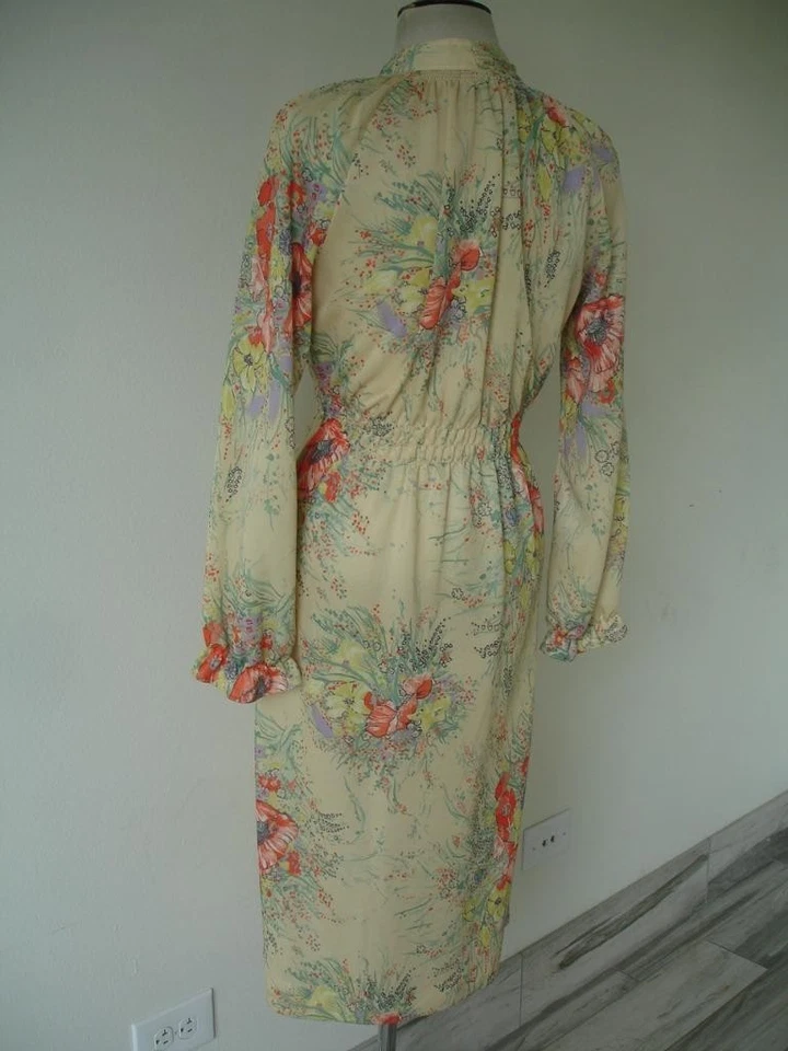 Vestido Para Mujer M L De Colección Años 70 Leslie Fay House Amarillo Floral Manga Larga Hecho en EE. UU. Foto 4 de 4