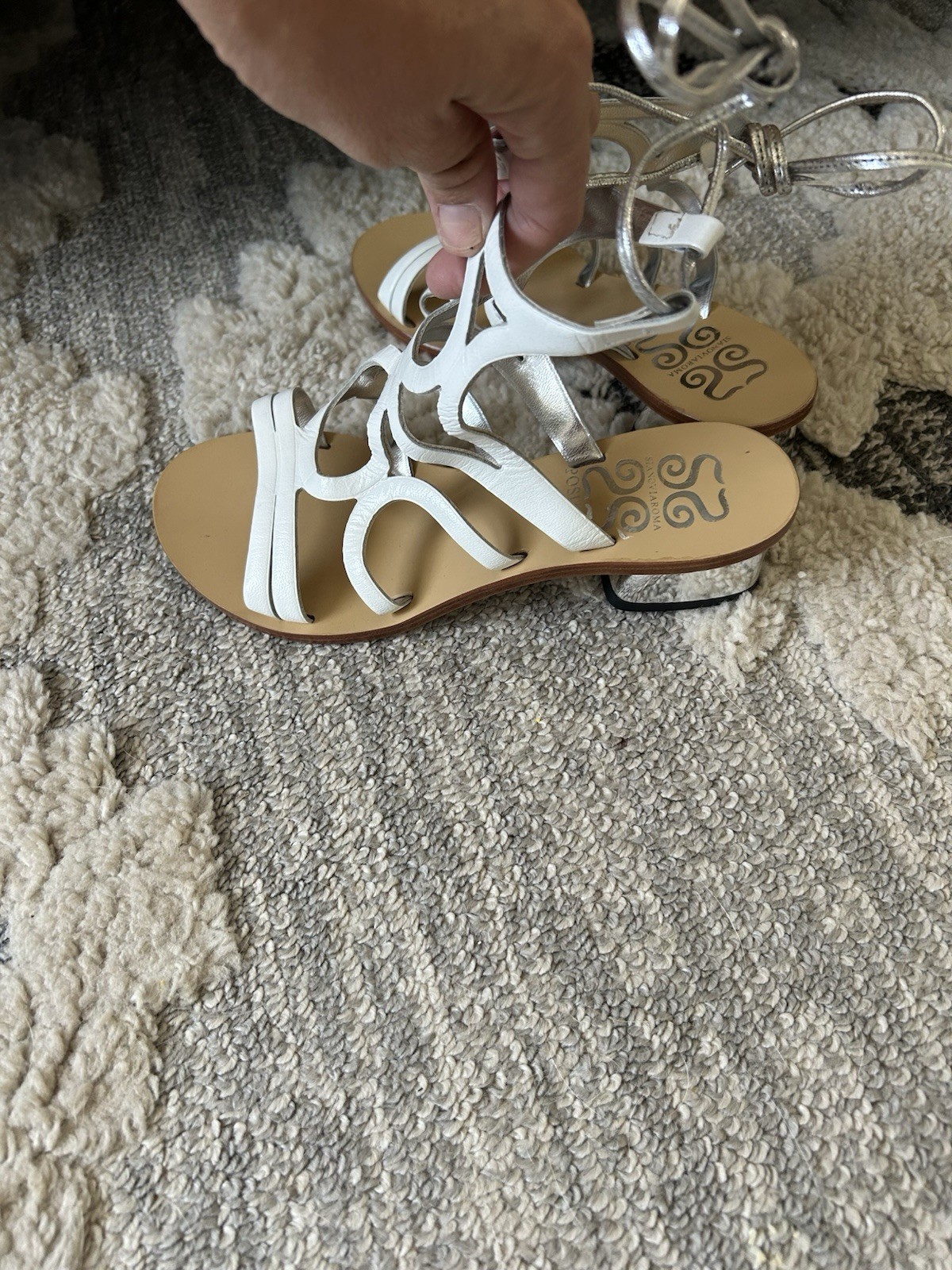 Women's Sandals Siano Via Roma Positano White Silver Leather Strappy Size 36-image