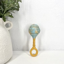 Antique 1930s Celluloid Baby Rattle Embossed Geese Childrens Toy Blue And Yellow