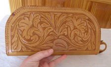 Vintage Tooled Embossed Leather Clutch Hand Bag Zipper Flower Floral Wrist Strap