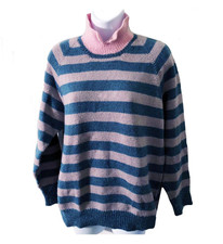 70s VTG Handknit Teal Blue Lavender striped Pullover Pink Collar Wool Sweater M