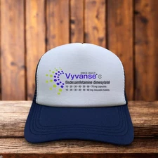 Vyvanse Mens Trucker Hat Navy CNS Stimulant ADHD Pharmaceutical Drug Label Cap