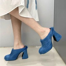 Women Fur Mules Shoes Platform Slippers Fashion High Chunky Heels Large Shoes