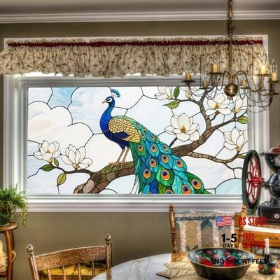 Peacock Stained Glass Window Film 39.37x17.72 Inches Static Window Film#002