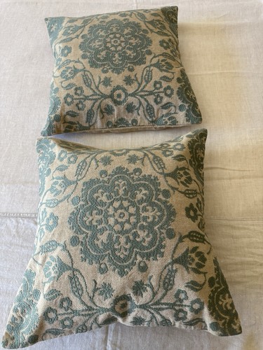 2 Pottery Barn 18x18 Embroidered Pillow Covers Medallion Blue Green Cotton - Picture 13 of 24