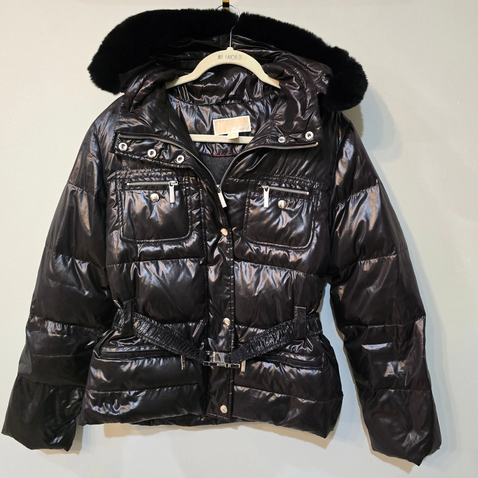 Michael Kors Womens Shiny Black Belted Puffer Jacket Faux Fur Hood Small