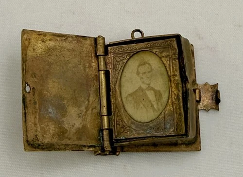 Antique 1860s Civil War  Soldier Tintype Locket Book Photo Lincoln Chatelaine