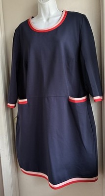 Boden Holly Navy Red Pink Ribbed Trim Knitted Shift Retro Dress Size 16 US