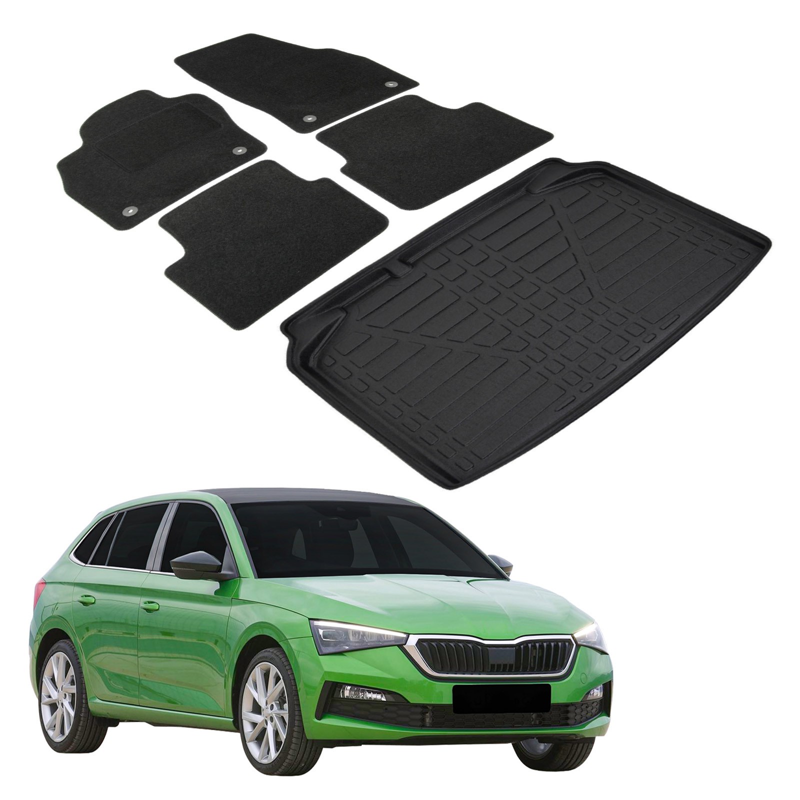 Tapis Skoda Scala depuis 2020 et tapis de coffre sur mesure en caoutchouc noir pour hayon