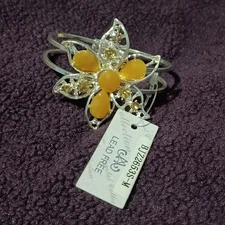 Silver-Toned Yellow Rhinestone Floral Cuff Bracelet
