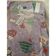 Old Navy Womens Flannel Pajama Set M Purple Christmas Santa Snowman 2 Piece NEW