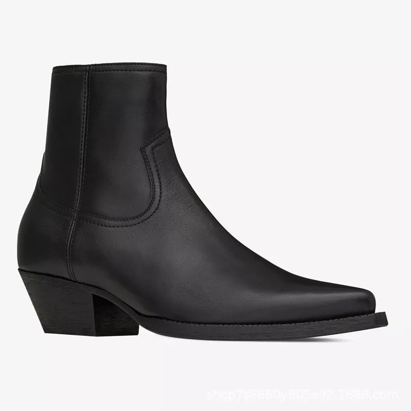 Western Hombres Cuero Real Punta Chelsea Botines Tacón Cubano Cremallera Británico Foto 2 de 4