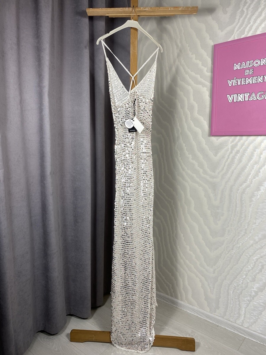 marie sequin crochet dress Retrofete Marie Sequin Crochet Long Dress Gown Silver Fitted New Size M/L
