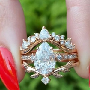 Authentic Yellow Gold Plated 3.2CTW Pear Cut VVS1 DEF Moissanite Bridal Wedding Ring Set