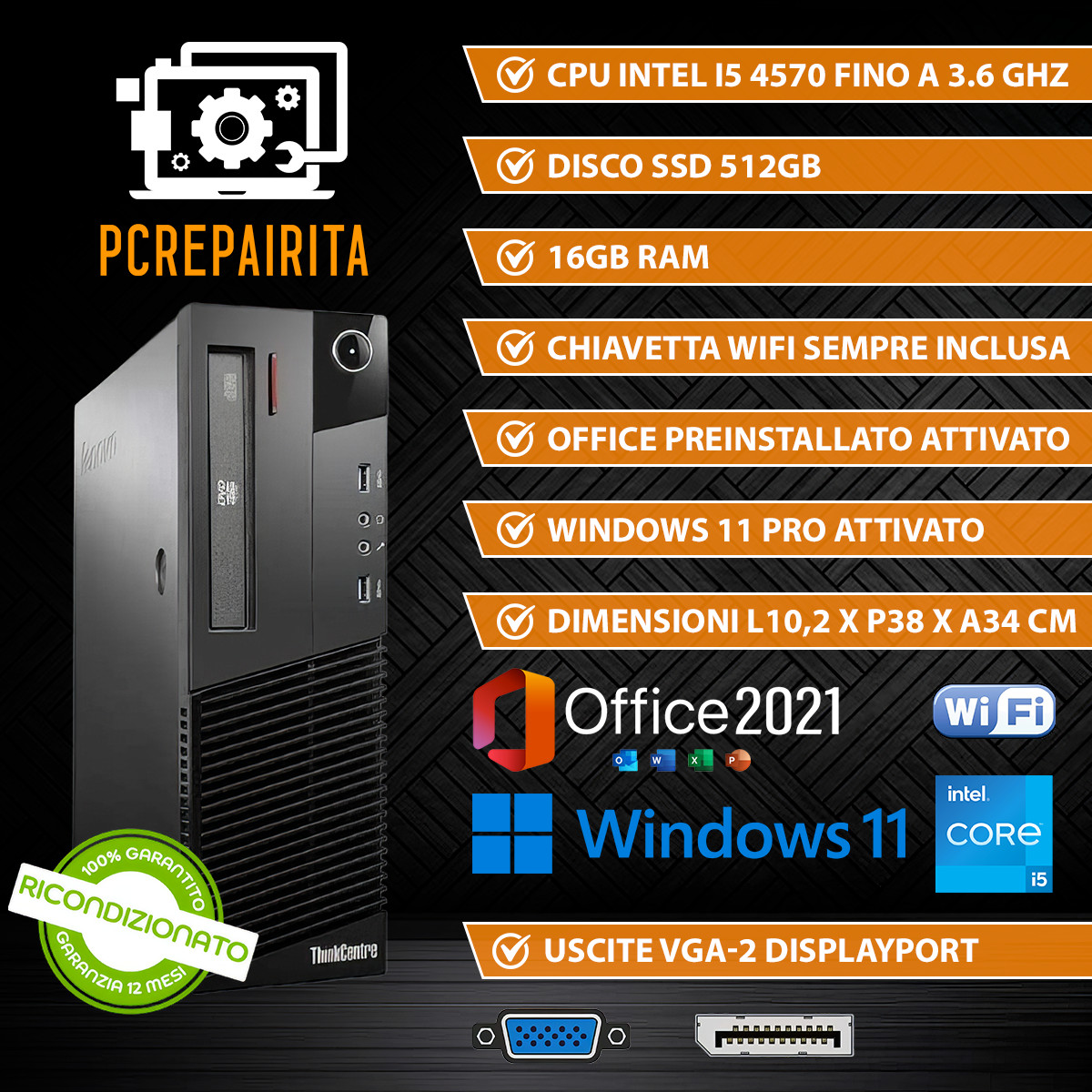 PC COMPUTER DESKTOP FISSO RICONDIZIONATO LENOVO WINDOWS 11 I5 512GB SSD 16GB...