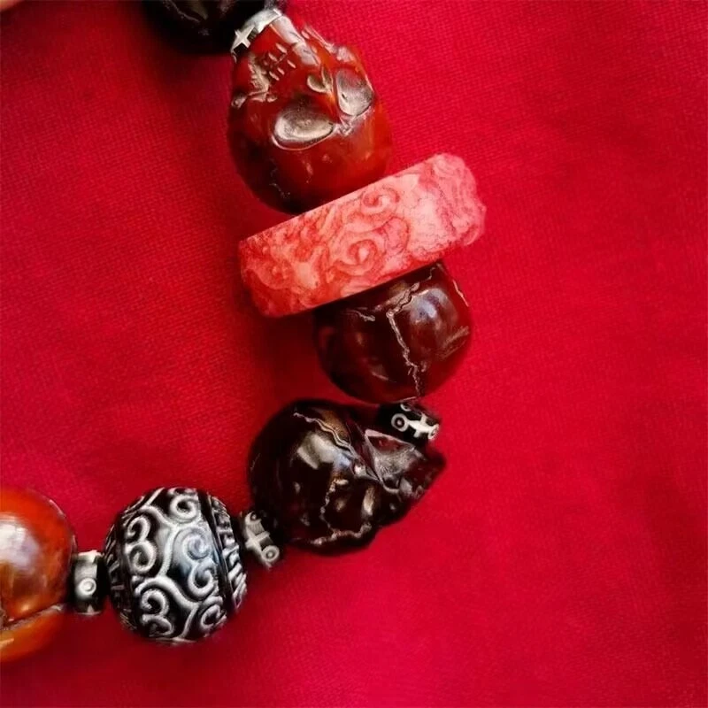 Pulsera de cuentas con cabeza de calavera tallada cuerno de yak tibetano estatua colección amuleto Foto 3 de 4