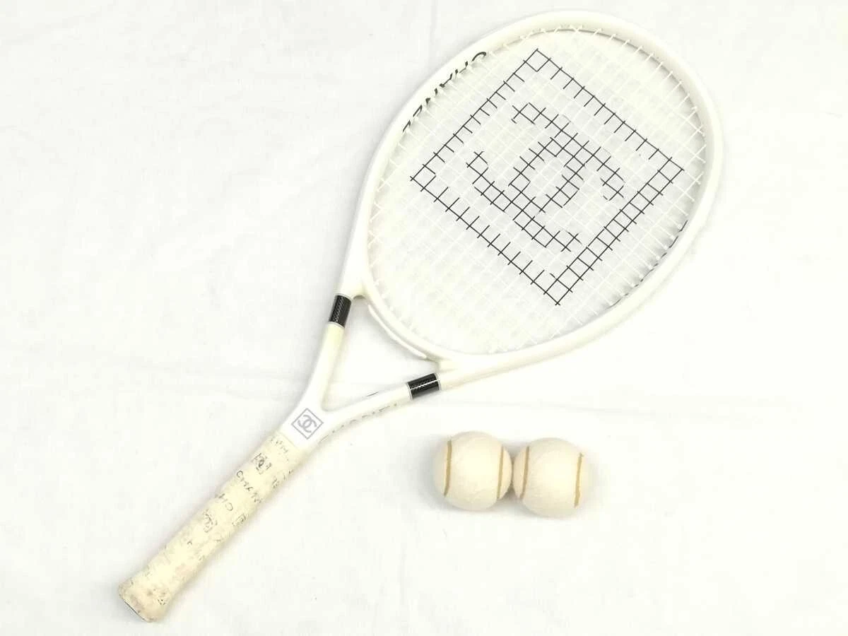 Auth CHANEL Tennis Racket Tennis Balls Set Coco Mark White Sports 27.5