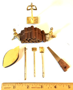 Vintage dollhouse fireplace set: metal tools, plastic  logs and billows