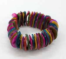 Multi Color Statement Stretch Rainbow Dyed Shell Bracelet Boho 1.25" Wide