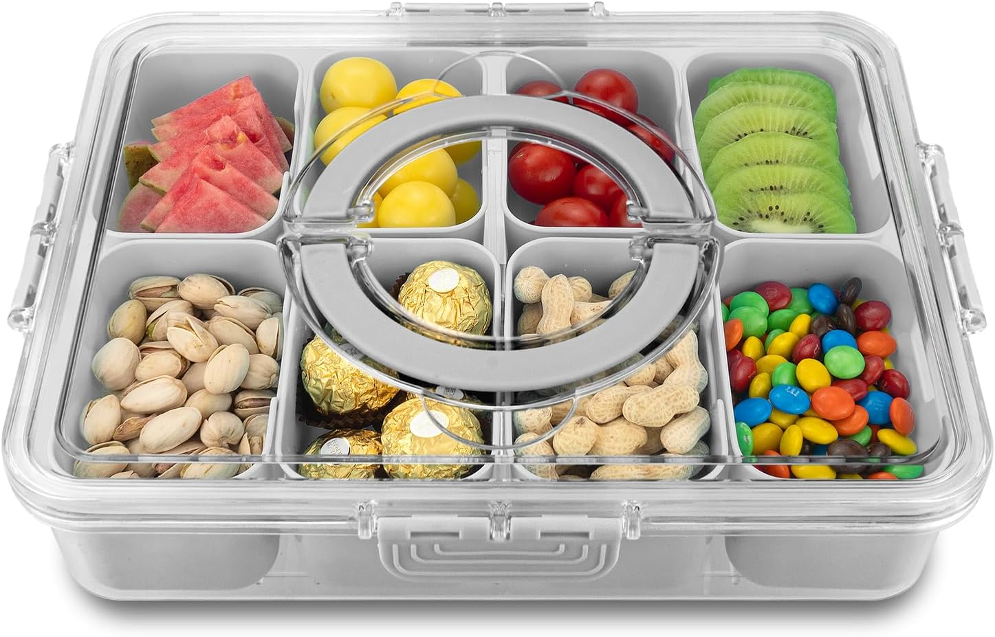 8-Compartment Divided Snack Tray with Lid and Handle for Fruits Nuts Candy