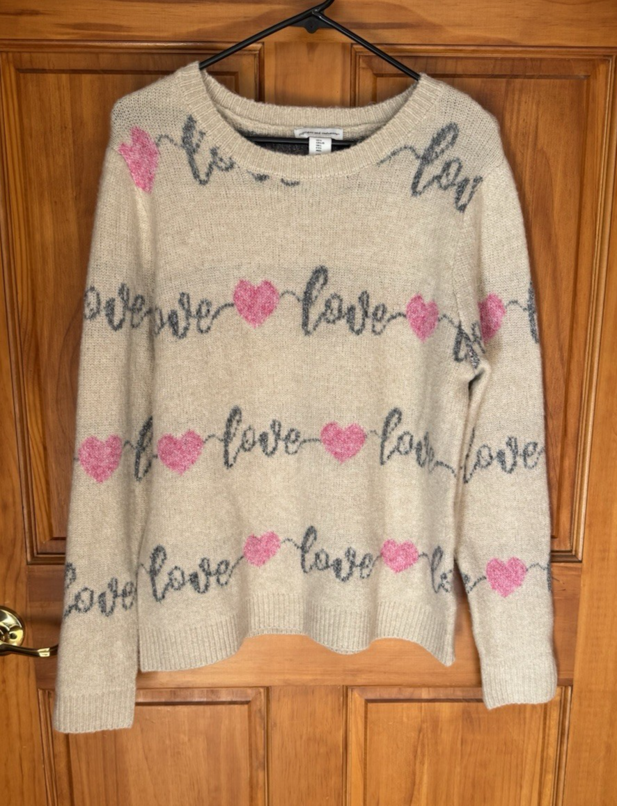 Cupcakes and Cashmere Women's Light Tan Heart Love Long Sleeve Sweater Large