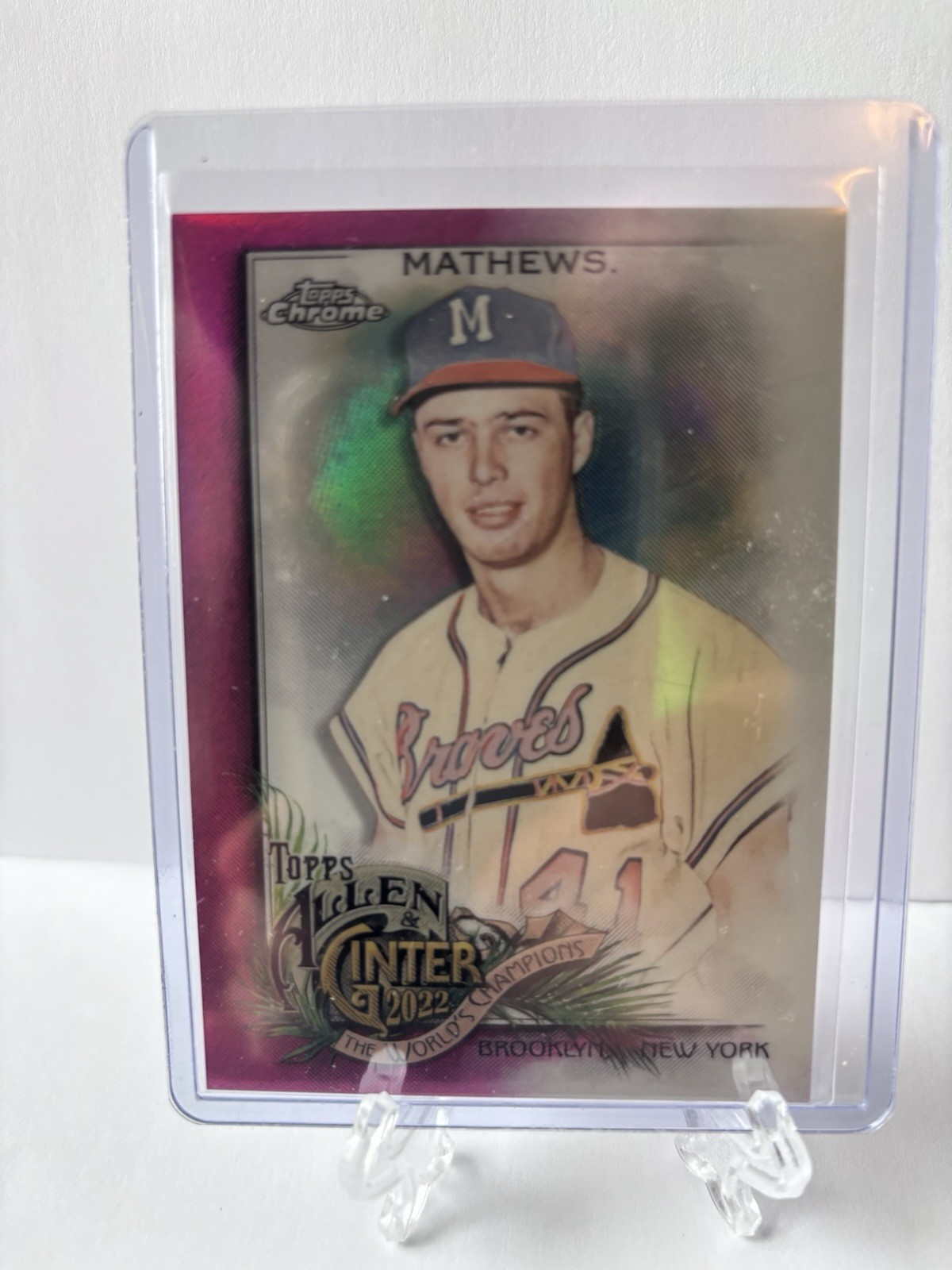 2022 Topps Allen & Ginter's Chrome Magenta Refractor 142/199 Eddie Mathews #243